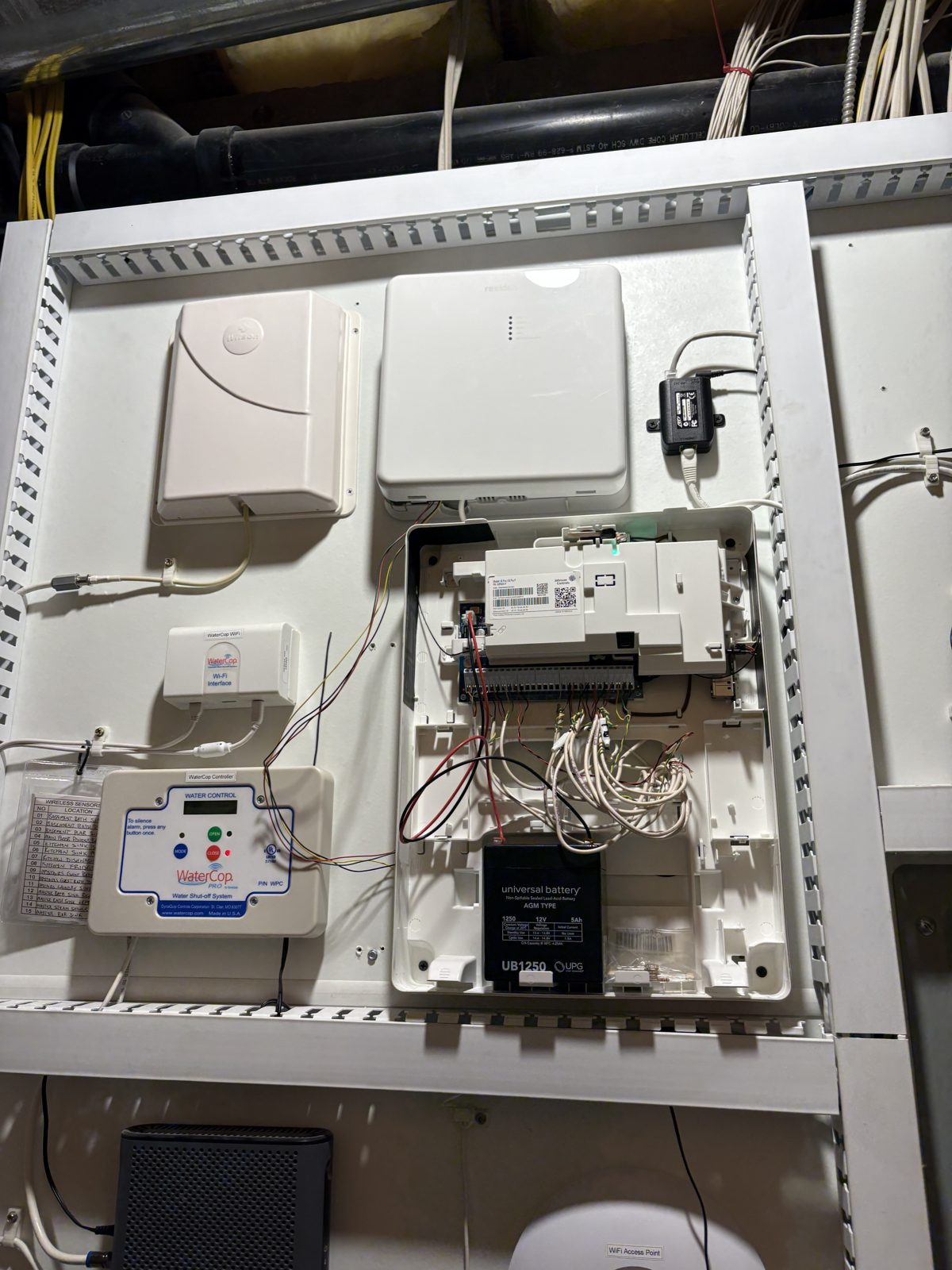 Structured wiring board with alarm panel, WaterCop leak shut-off, and access points